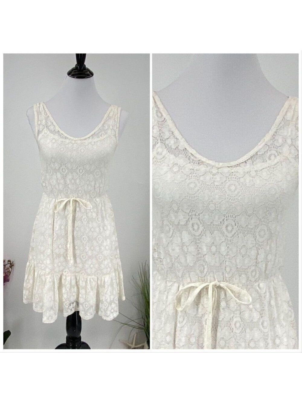 Front Bow Lace Dress Stretchy Fit/Flare Small Cream